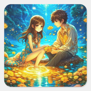 Ethereal Anime Boy and Girl in Love スクエアシール