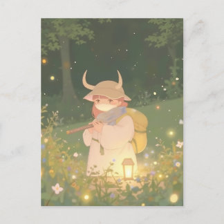 Ethereal Anime Girl with Horns in Whimsical Meadow ポストカード