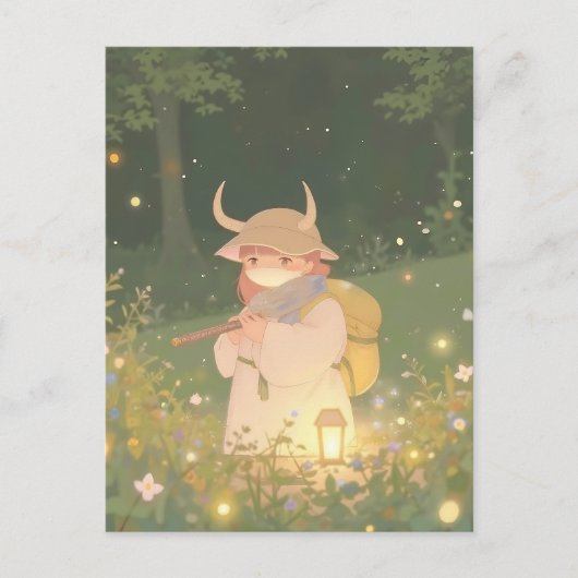 Ethereal Anime Girl with Horns in Whimsical Meadow ポストカード (正面)