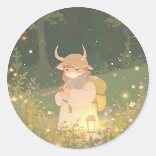 Ethereal Anime Girl with Horns in Whimsical Meadow ラウンドシール (正面)
