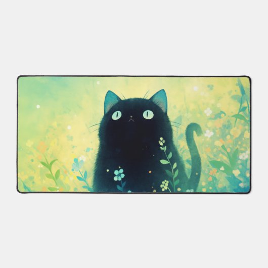 Ethereal Black Cat Teal Green Glowing Meadow デスクマット (正面)
