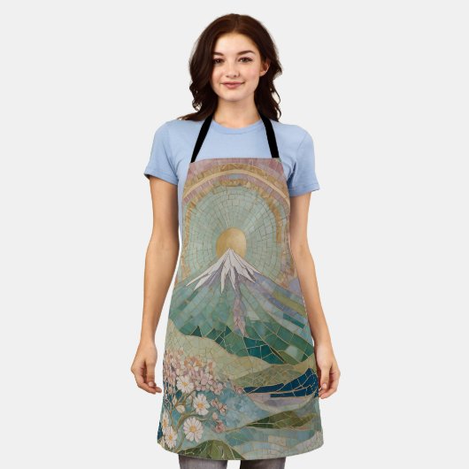 Ethereal Bloom: Pastel Mosaic Volcano in Spring エプロン (着用した状態)