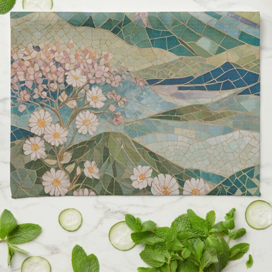 Ethereal Bloom: Pastel Mosaic Volcano in Spring キッチンタオル (折り畳み)