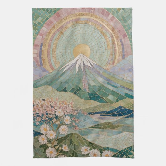 Ethereal Bloom: Pastel Mosaic Volcano in Spring キッチンタオル (縦)