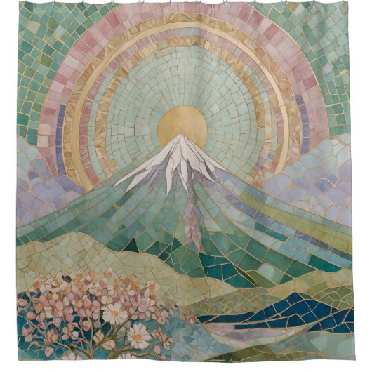 Ethereal Bloom: Pastel Mosaic Volcano in Spring シャワーカーテン (正面)