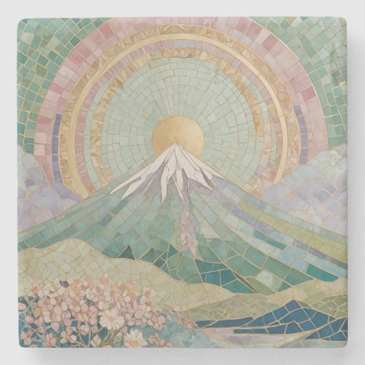 Ethereal Bloom: Pastel Mosaic Volcano in Spring ストーンコースター (正面)