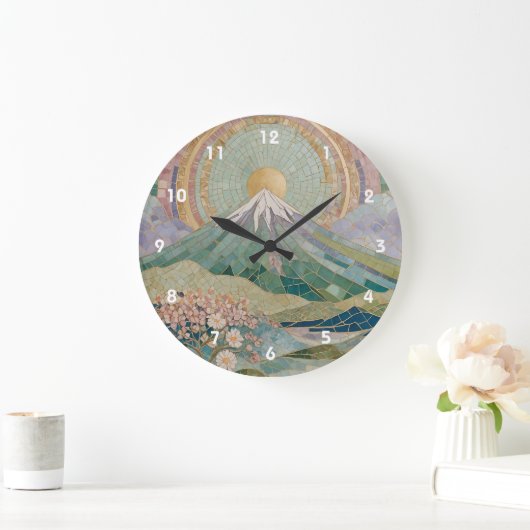 Ethereal Bloom: Pastel Mosaic Volcano in Spring ラージ壁時計 (ホーム)