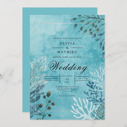 Ethereal Blue Bloom Wedding 招待状 (正面/裏面)