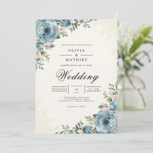 Ethereal Blue Botanical Romance Wedding 招待状 (スタンド正面)