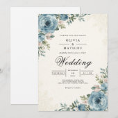 Ethereal Blue Botanical Romance Wedding 招待状 (正面/裏面)