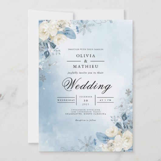 Ethereal Blue Floral Frost Wedding 招待状 (正面)