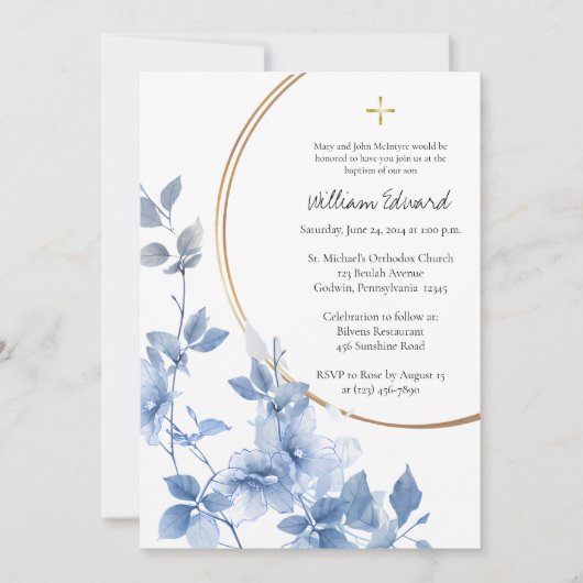 Ethereal Blue Flowers Orthodox Christian Baptism   招待状 (正面)