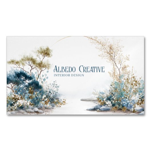 Ethereal Blue Green Watercolor Landscape Gold Arch マグネット名刺 (正面)