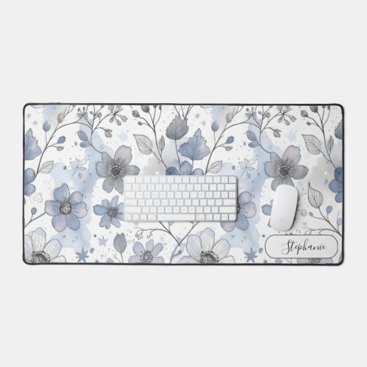 Ethereal Blue Hand Drawn Floral Custom デスクマット (キーボード&マウス)