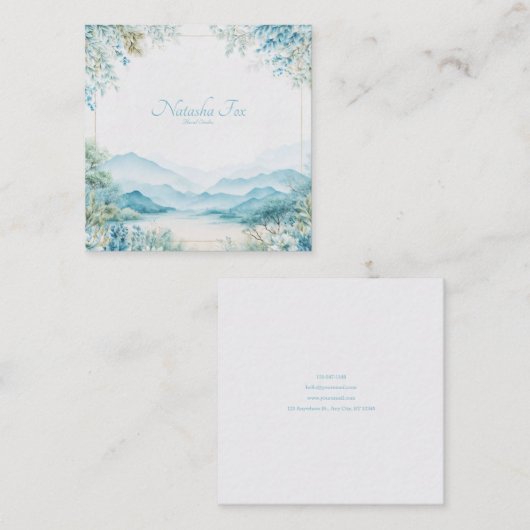 Ethereal Blue Mountain Floral Gold Frame Serene スクエア名刺 (正面/裏面)