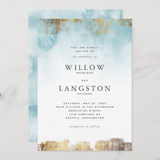 Ethereal Blue Waterの色と金ゴールド結婚の 招待状 (正面/裏面)
