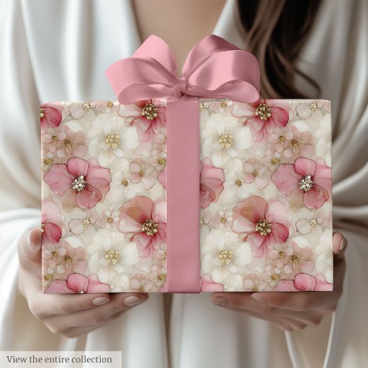 Ethereal blush and gold floral birthday wrap roll ラッピングペーパー
