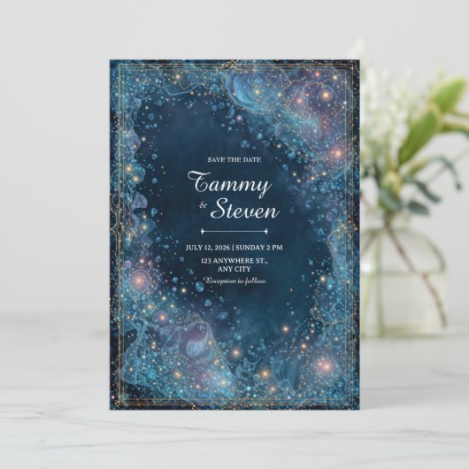 Ethereal Bubbling Gold Celestial Wedding 招待状 (スタンド正面)