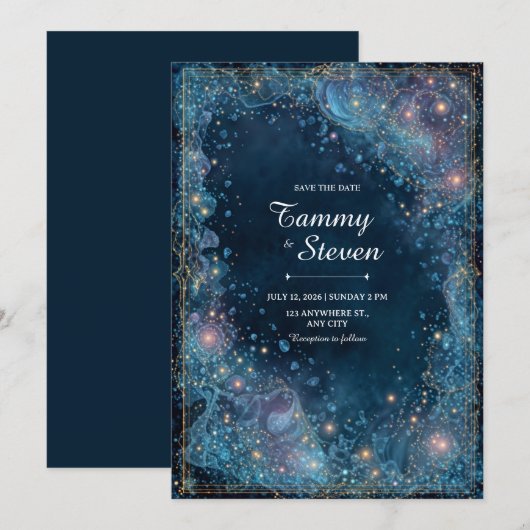 Ethereal Bubbling Gold Celestial Wedding 招待状 (正面/裏面)