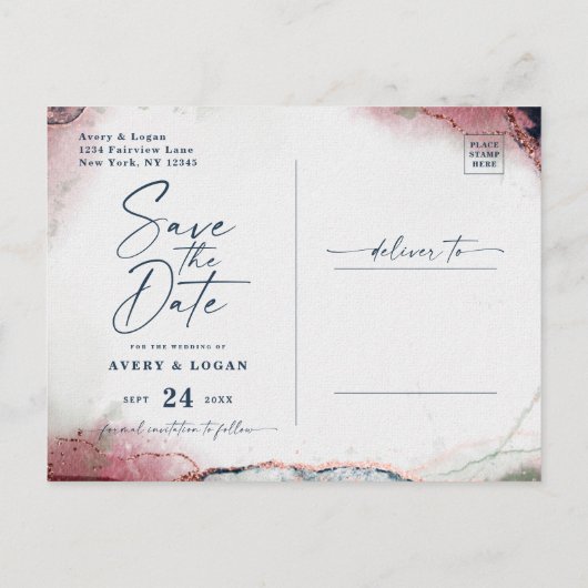 Ethereal Burgundy & Navy Wedding日付を保存 案内ポストカード (裏面)