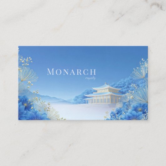 Ethereal Chinoiserie Blue Floral Pagoda Landscape 名刺 (正面)