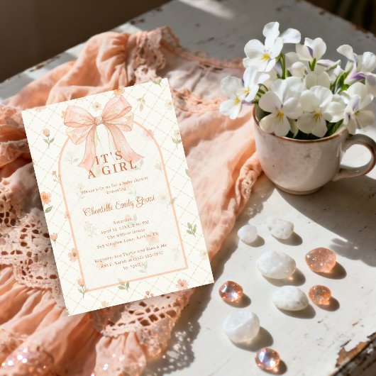 Ethereal Coquette Peach Bow Baby Shower TMF26 招待状