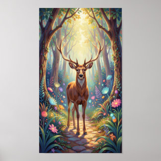 Ethereal Deer in Luminous Forest Path ポスター