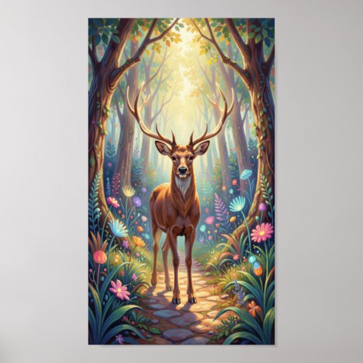 Ethereal Deer in Luminous Forest Path ポスター (正面)