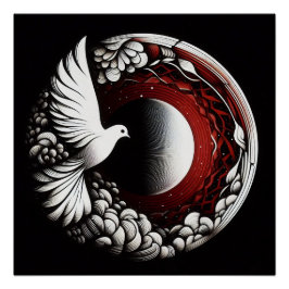 Ethereal Dove Planet - Noir Ink and Red Mandala ポスター