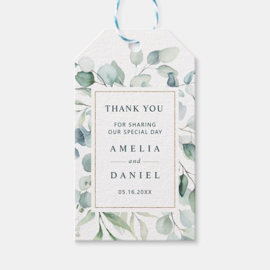Ethereal Eucalyptus金ゴールドグリーン結婚ズサンキュー ギフトタグ (正面)