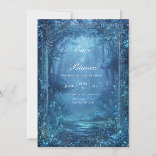 Ethereal Glowing Blue Magic Forest Wedding 招待状 (正面)