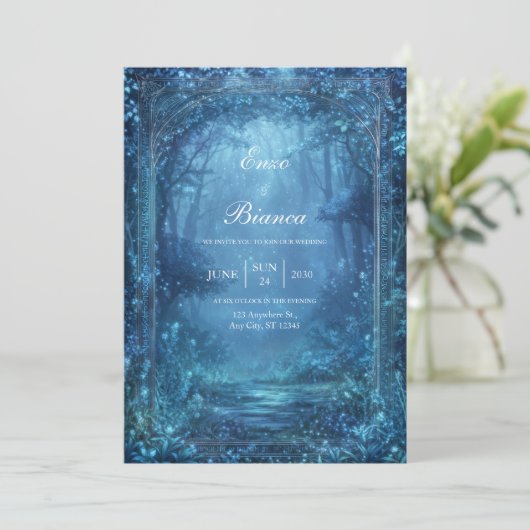 Ethereal Glowing Blue Magic Forest Wedding 招待状 (スタンド正面)