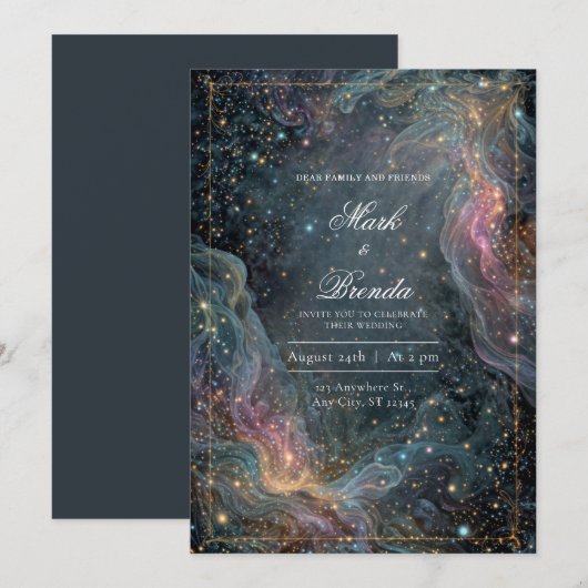 Ethereal Gold Celestial Nebula Wedding 招待状 (正面/裏面)