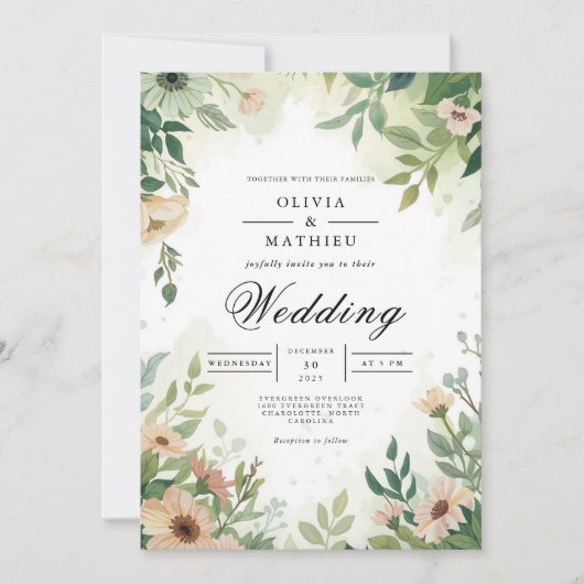 Ethereal Green Botanical Frame Wedding 招待状 (正面)