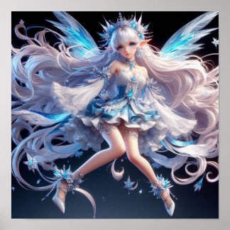 Ethereal Ice Queen Fairy with Flowing White Hair ポスター