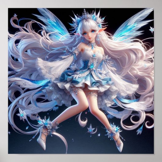 Ethereal Ice Queen Fairy with Flowing White Hair ポスター (正面)