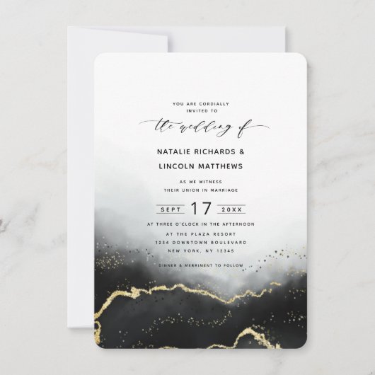Ethereal Mist グラデーション Black Gold Foil Script 結婚's 招待状 (正面)