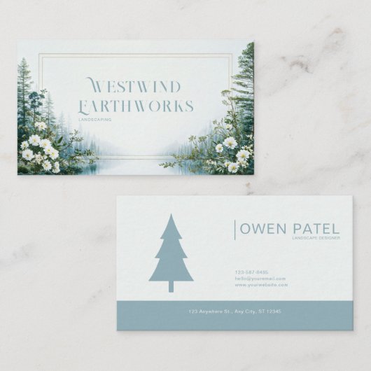 Ethereal Misty Forest Lake White Floral Gold Frame 名刺 (正面/裏面)