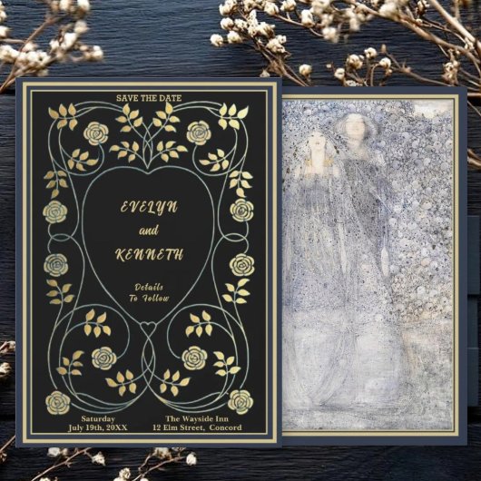 Ethereal Navy & Gold Vintage Art Nouveau Wedding セーブザデート