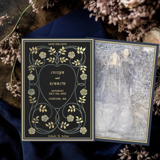 Ethereal Navy & Gold Vintage Art Nouveau Wedding セーブザデート