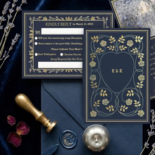 Ethereal Navy Vintage Art Nouveau Wedding RSVP エンクロージャーカード