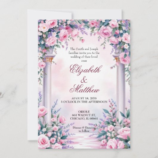 Ethereal Pink Rose Column Wedding Invitation 招待状 (正面)