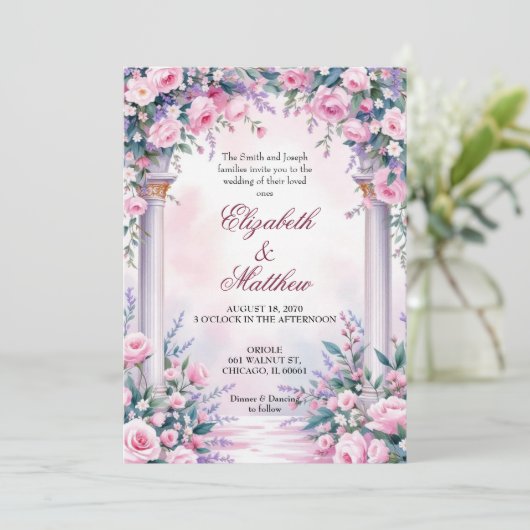 Ethereal Pink Rose Column Wedding Invitation 招待状 (スタンド正面)