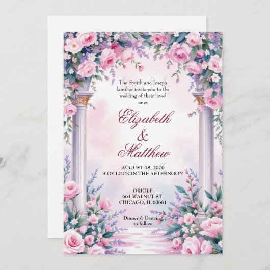 Ethereal Pink Rose Column Wedding Invitation 招待状 (正面/裏面)