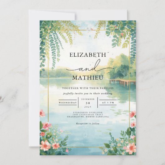 Ethereal Pond Floral Watercolor Wedding 招待状 (正面)