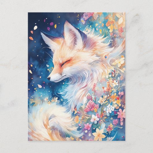 Ethereal Red Fox in Blue Floral Night ポストカード (正面)