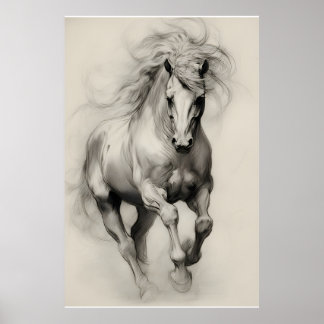 Ethereal Running Horse Pencil Sketch ポスター