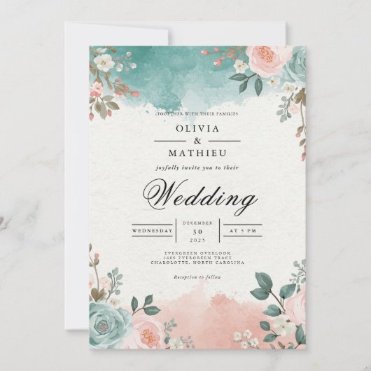 Ethereal Teal Blush Floral Arch Wedding 招待状 (正面)