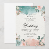 Ethereal Teal Blush Floral Arch Wedding 招待状 (正面/裏面)