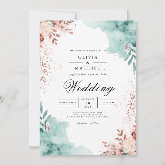 Ethereal Teal & Blush Flourish Wedding 招待状 (正面)